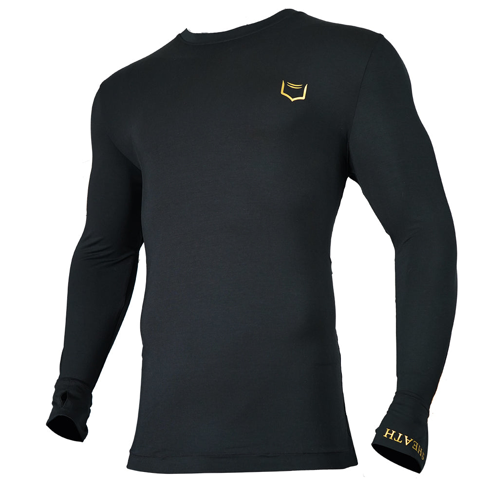 SHEATH Baselayer Top With Golden Heat Print Logo On Lapel and Cuffs - Black