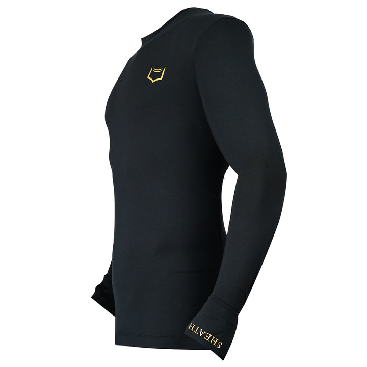 SHEATH Baselayer Top With Golden Heat Print Logo On Lapel and Cuffs - Black