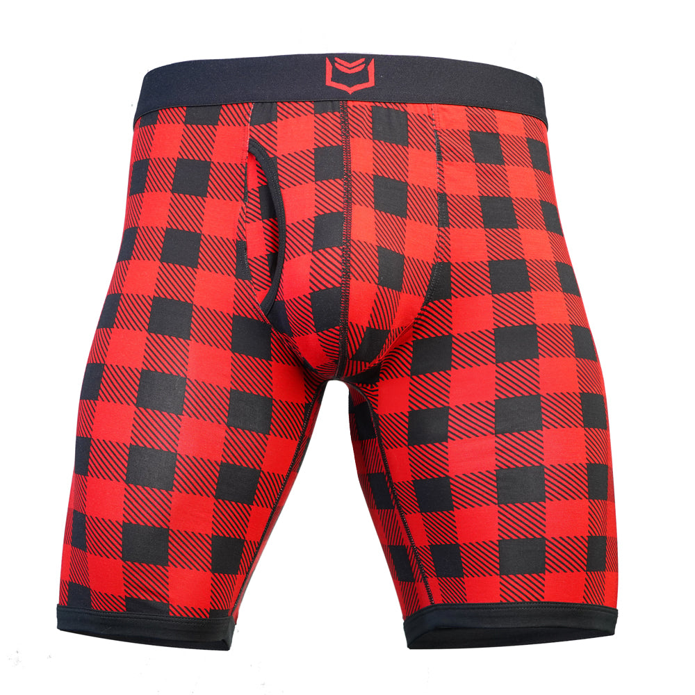 SHEATH V 8" Dual Pouch Boxer Brief - Red Holiday Plaid