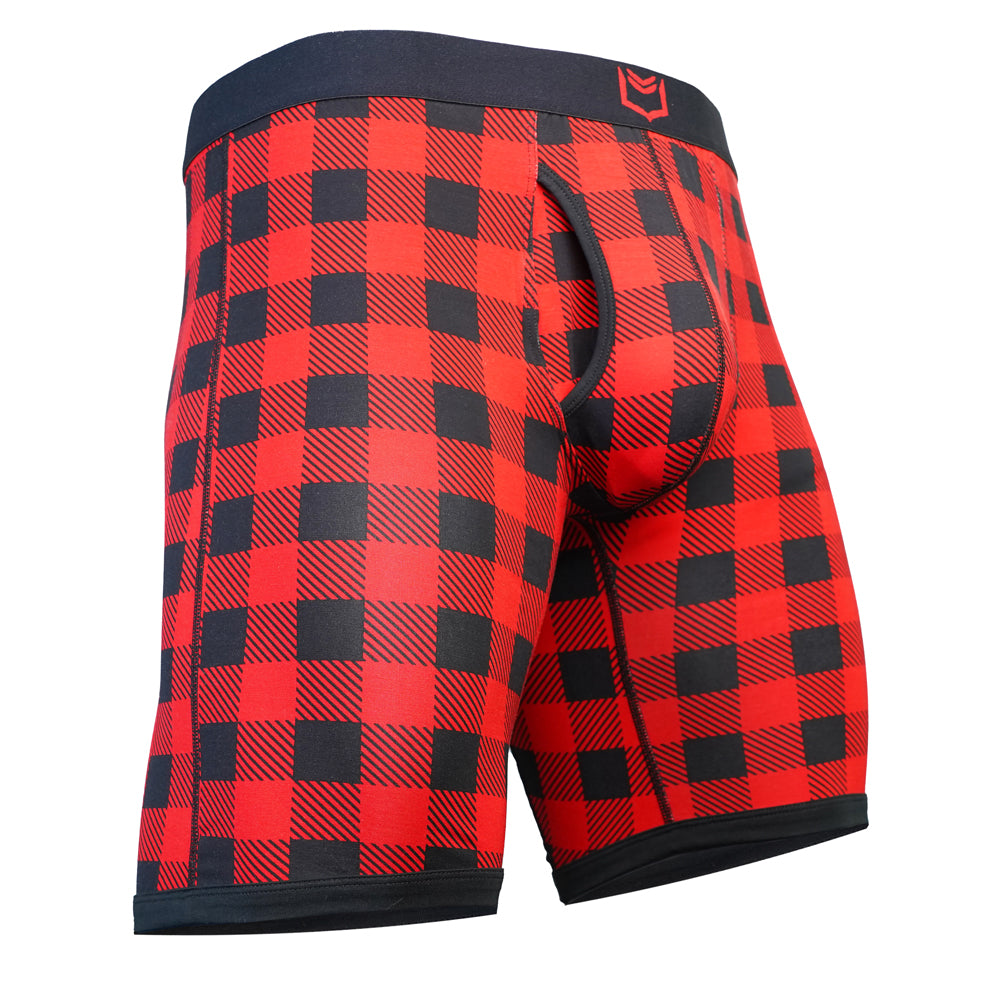 SHEATH V 8" Dual Pouch Boxer Brief - Red Holiday Plaid