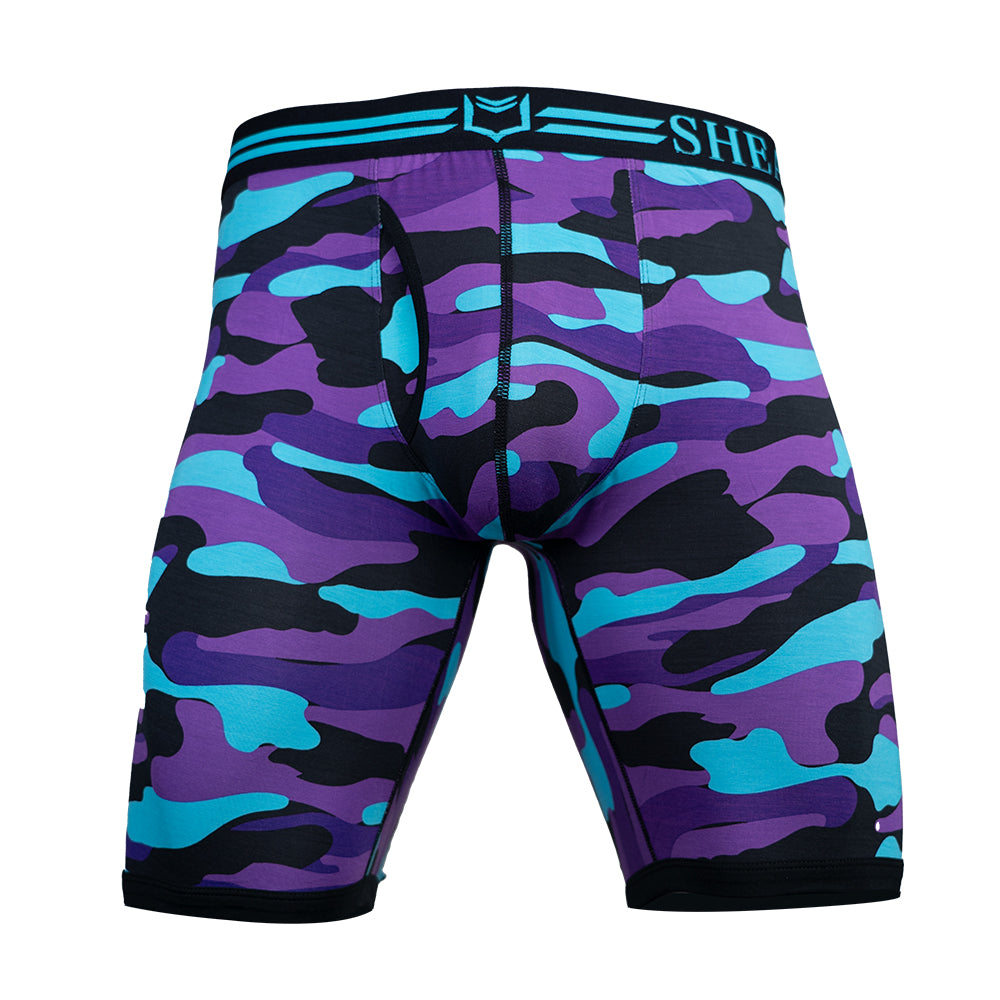 SHEATH V 8" Sports Performance Dual Pouch Boxer Brief - Purple Camo