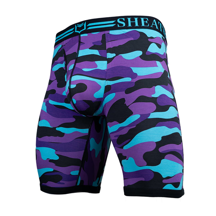 SHEATH V 8" Sports Performance Dual Pouch Boxer Brief - Purple Camo