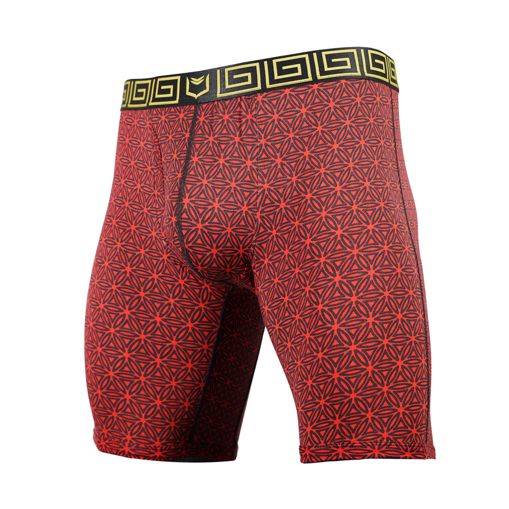 SHEATH V 8" Sports Performance Dual Pouch Boxer Brief - Red Flower of LIfe