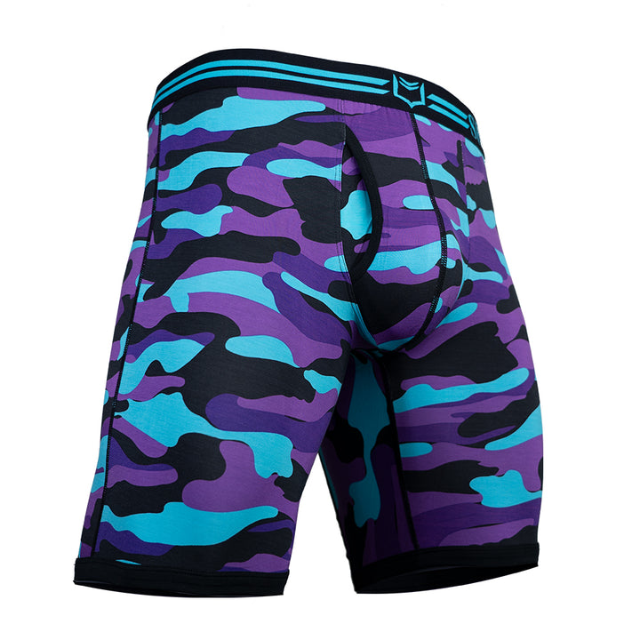 SHEATH V 8" Sports Performance Dual Pouch Boxer Brief - Purple Camo