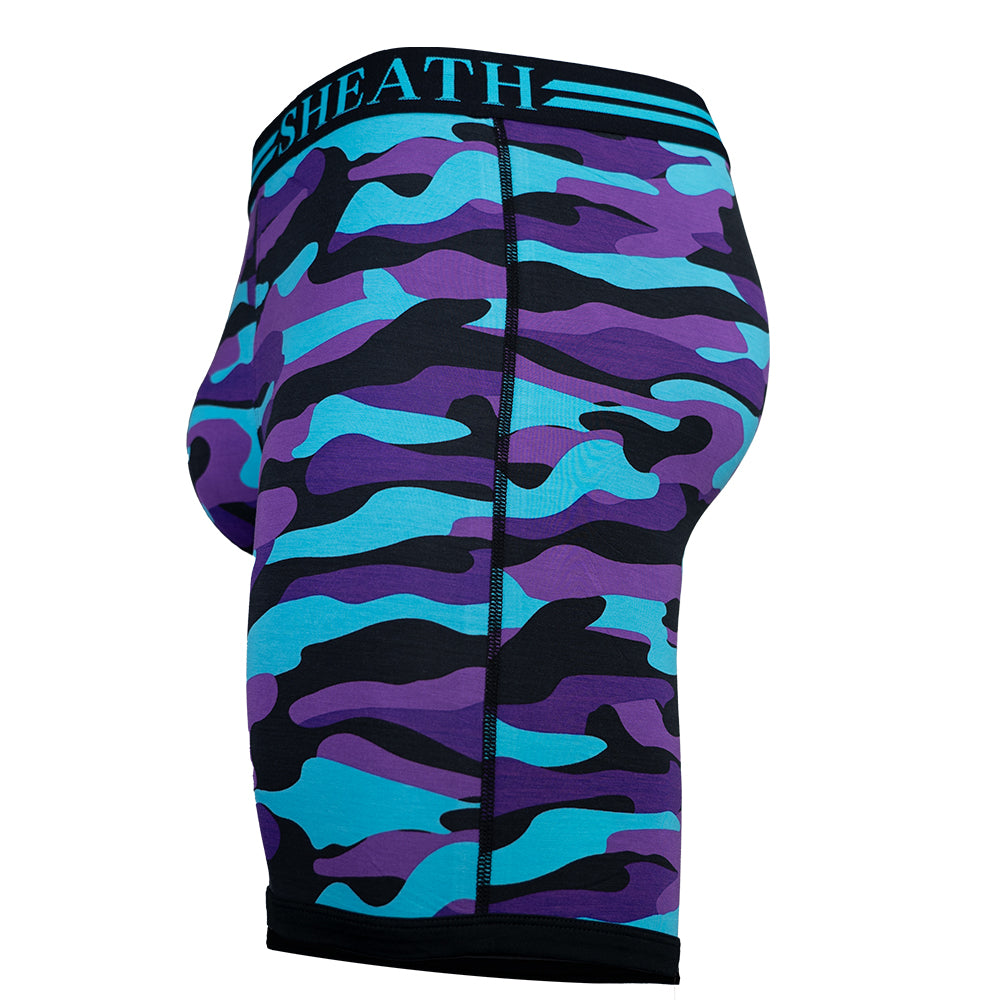 SHEATH V 8" Sports Performance Dual Pouch Boxer Brief - Purple Camo